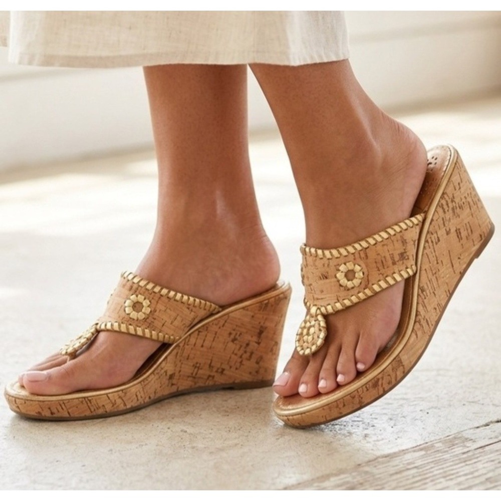Jack Rogers Marbella Wedge Sandal Cork Gold Metallic Whipstitch Womens 8M